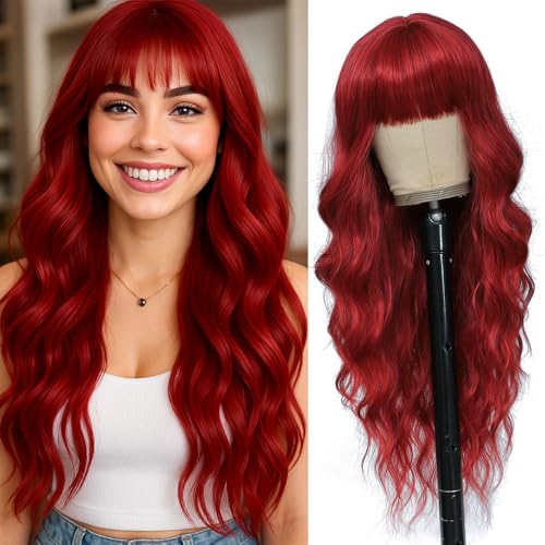 Long Red Wigs with Bangs 26Inch Wavy Curly Hair