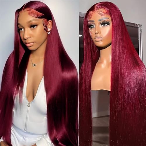 YFFSSJFC 32 Inch 99j Burgundy Lace Front Human Hair Wigs