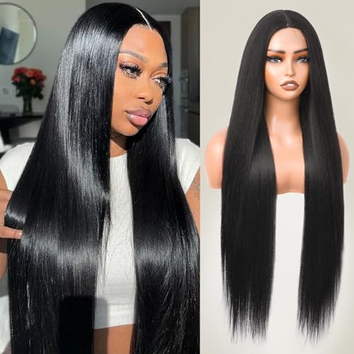 Cemuto Long Straight Black Wigs for Women Glueless Synthetic