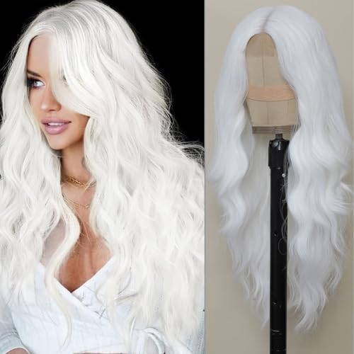 BEAUTIFA White Wig for Women, Long White Wavy Synthetic Wig