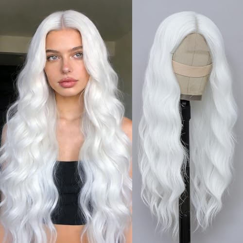 Beelu White Wigs for Women 26 Inch Long Wavy Wig