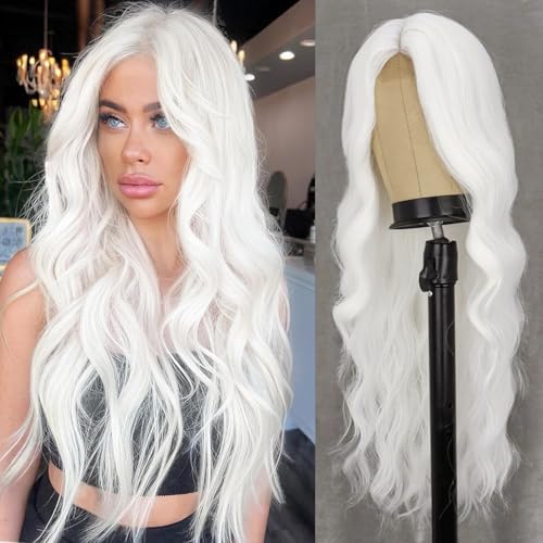 WERD Long White Wig for Women Long Curly Wavy Hair