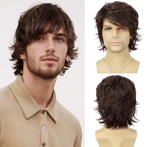 Tereshar Mens Brown Wig Short Layered Natural Wavy...