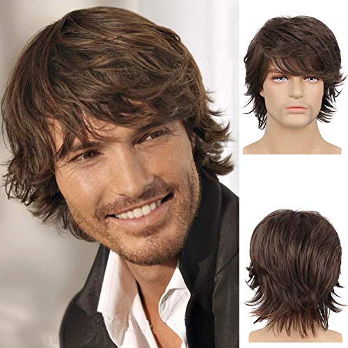 Wiwige Short Brown Wig for Mens Layered Natural Synthetic...
