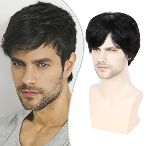 Creamily Mens Short Black Human Hair Wig Layered Straight