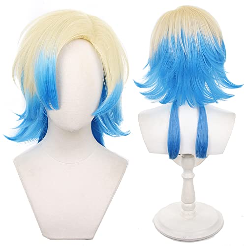 Shqncoh Anime Michael Kaiser Wig Blonde and Blue Short Curly