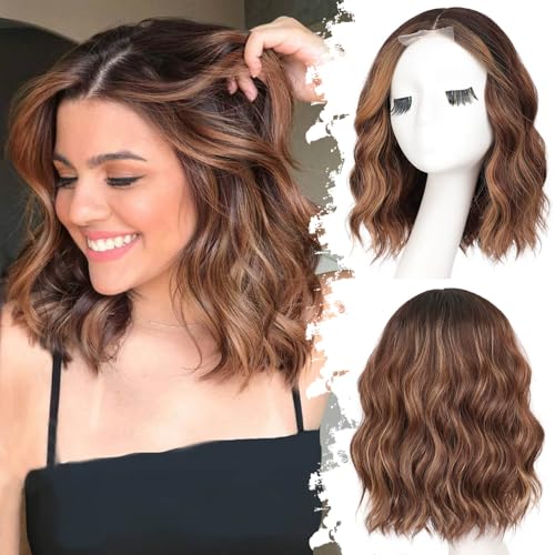 Eawwii Brown Highlight Short Wavy Wig for Women Bob Style