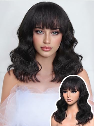 WIGNEE Natural Wave Wigs with Bangs 100% Brazilian Human...
