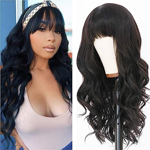 EVLYNN Glueless Long Loose Wavy Wig with Bangs for Women