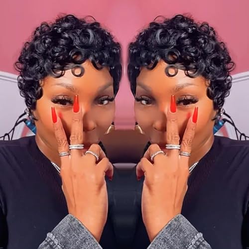 YJOQOKOA Short Curly Wigs for Black Women Human Hair Pixie