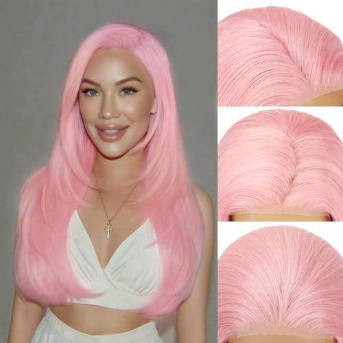 Kmzbasg Pink Lace Front Wig for Women Glueless 26 Inch
