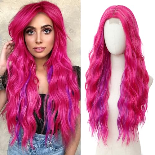 BUPPLER Cosplay Long Hot Pink mix Purple Synthetic Wig
