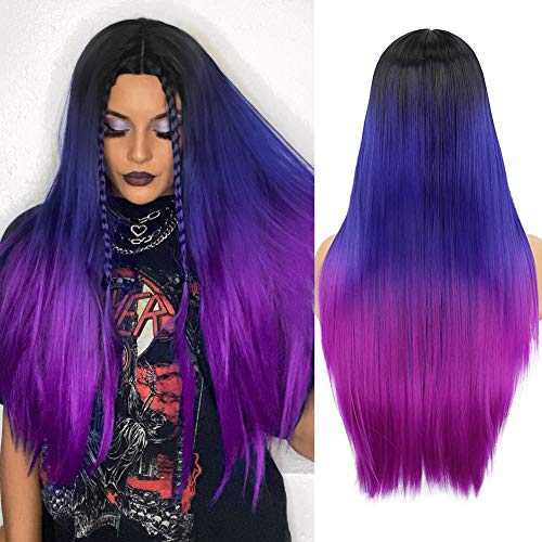 WIGER Long Straight Ombre Wigs Rainbow Mermaid Purple...