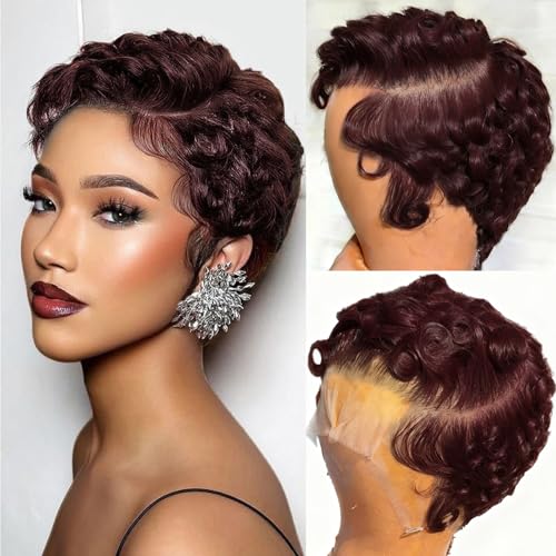 Dark Auburn Burgundy Curly Pixie Cut Lace Human Hair Wig
