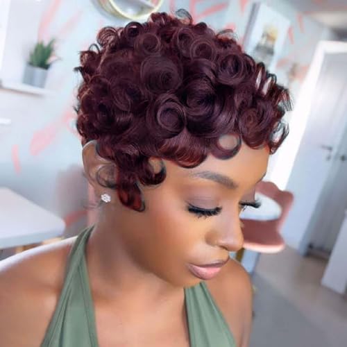 Rofa Beauty Short Layered Pixie Curly Human Hair Wig