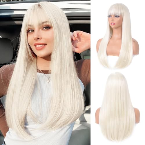 Aida ble Platinum Blonde Wig with Bangs Long Straight...