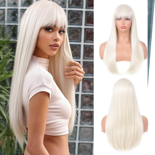 T-color Platinum blonde Wig with Bangs for Women 24 Inch