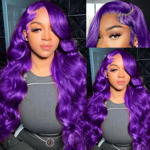XIAPAY Purple Lace Front Wigs Human Hair 13x4 Body Wave