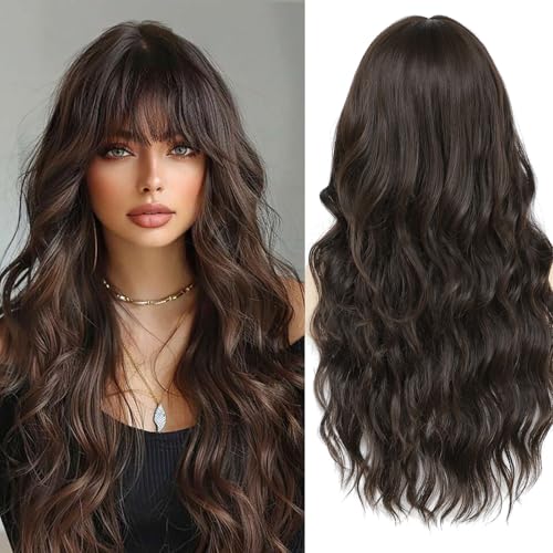 Lovenia-Long Dark Brown Wig with Bangs for Women Body Wave