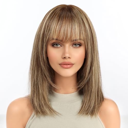 KKU 14 Inch Brown Mixed Blonde Layered Human Hair Wig