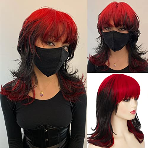 Baruisi Black Red Wigs for Women Shoulder Length with Bangs