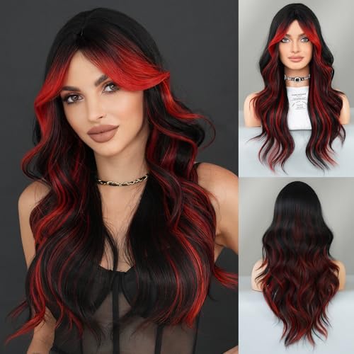 TRUMOST Black Red Highlight Long Wavy Wig with Curtain Bangs