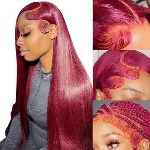Fiumer Burgundy Wig Human Hair 28inch 13x6 Straight Lace...
