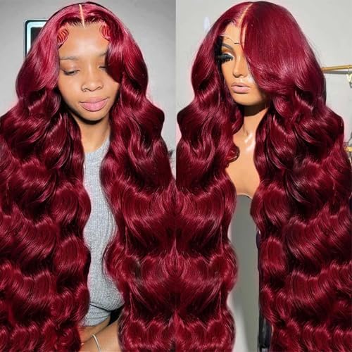 QZOQZO 28 Inch 99j Burgundy Lace Front Wigs Human Hair