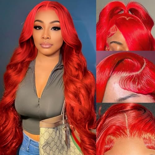 mululi 30 Inch Red Wig Human Hair Body Wave Frontal