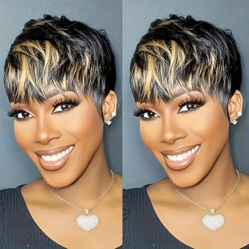 QiaQiaRing Pixie Cut Wigs For Black Women 1B30 Human Hair