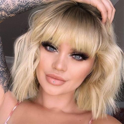 MISSQUEEN Short Blonde Wig with Bangs Synthetic Wavy Bob