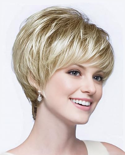 SEVENCOLORS Short Blonde Wigs for White Women Layered Pixie...