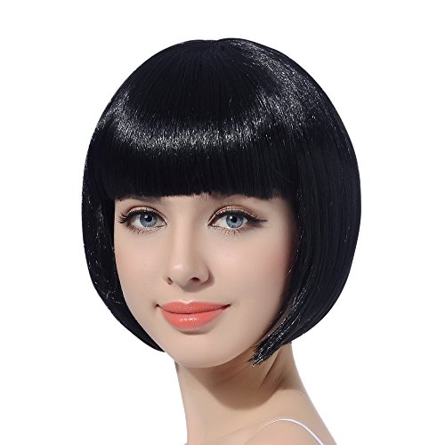 FREE BEAUTY Black Short Bob Flapper Cosplay Wig with Bangs
