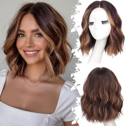 Eawwii Brown Highlight Short Wavy Wig for Women Lace Bob