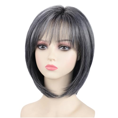 RENERSHOW Grey Medium Length Bob Wig with Bangs and Layers