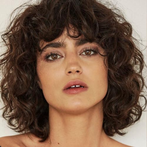 Kaneles Short Brown Curly Wig Womens Bob with Bangs