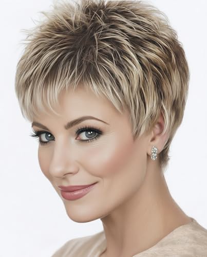 SEVENCOLORS Short Pixie Cut Wigs for White Women Mixed...