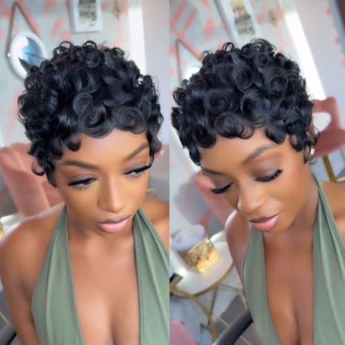 VRZ Pixie Cut Wigs for Black Women Curly Human Hair