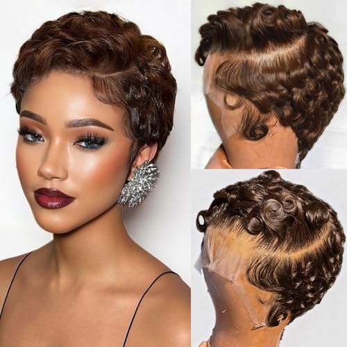 Brown Short Curly Pixie Cut Lace Front Human Hair Wig