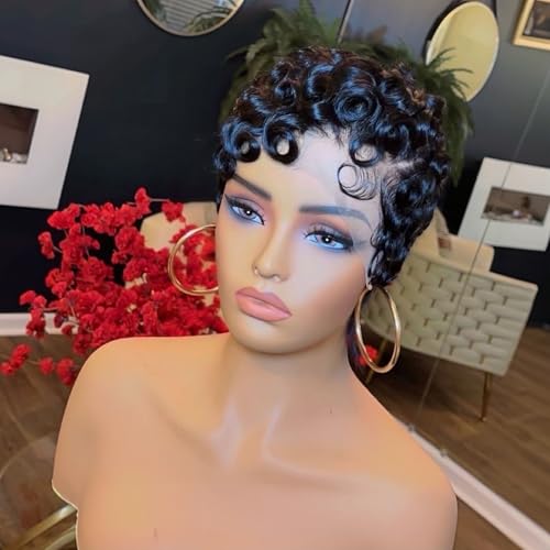 SisBroSis Pixie Cut Lace Front Human Hair Curly Wig