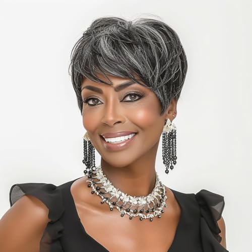 BingSing Pixie Cut Wigs for Black Women Salt and Pepper