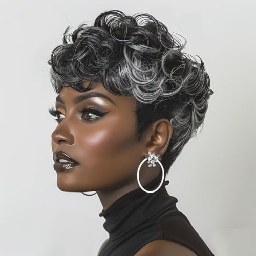Pixie Cut Wig Short Curly for Black Women Mixed Grey