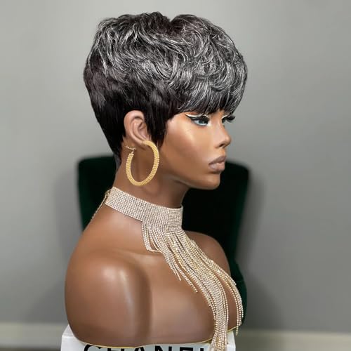 QiaQiaRing 34# Salt and Pepper Gray Human Hair Pixie Wig