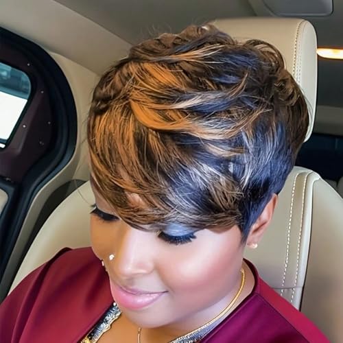 MOONSHOW Short Wigs for Black Women Brown Pixie Cut