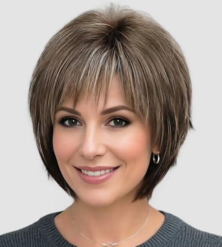 SEVENCOLORS Short Hair Wigs with Bangs Dark Brown Pixie Cut