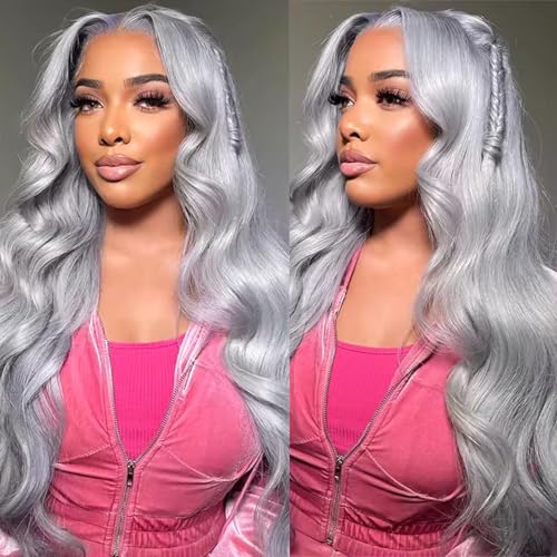 ELFSECRET 30 Inch Grey Lace Front Wigs Body Wave Hair