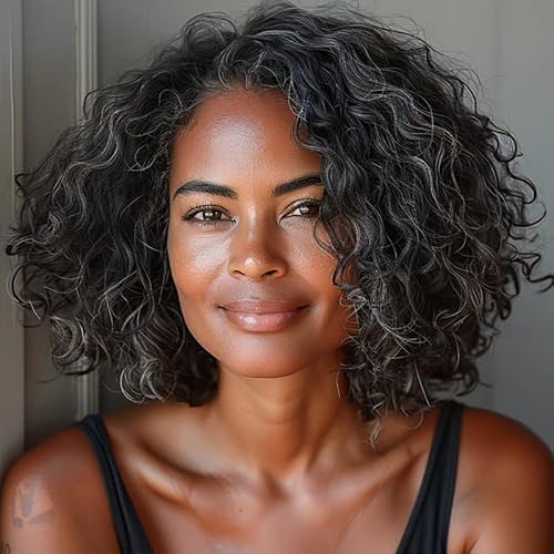 SOUL LADY Dark Salt And Pepper Water Wave Bob Wig