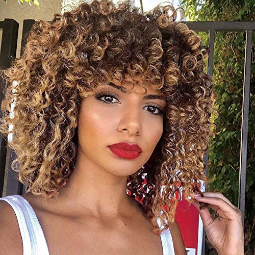 YEAME Curly Wigs for Black Women - Kinky Afro Bangs