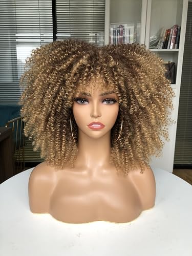 YWAYS HAIR Ombre Blonde Afro Curly Wig with Bangs