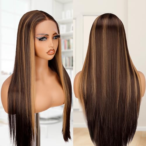 BLL Hightlights Wig Honey Brown Wigs Straight Glueless HD...
